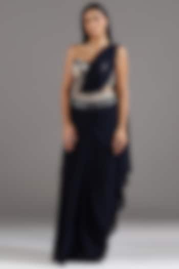 Navy Blue Georgette Pre-Draped Wedding Saree Set by Two Sisters By Gyans at Pernia's Pop Up Shop