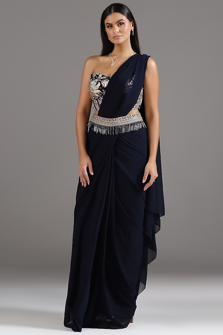 Navy Blue Georgette Pre-Draped Wedding Saree Set by Two Sisters By Gyans at Pernia's Pop Up Shop