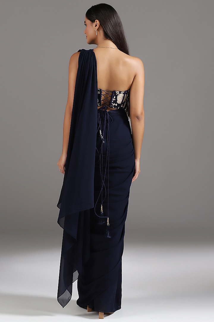 Navy Blue Georgette Pre-Draped Wedding Saree Set by Two Sisters By Gyans at Pernia's Pop Up Shop