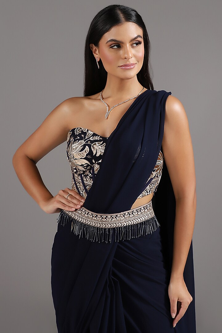 Navy Blue Georgette Pre-Draped Wedding Saree Set by Two Sisters By Gyans at Pernia's Pop Up Shop