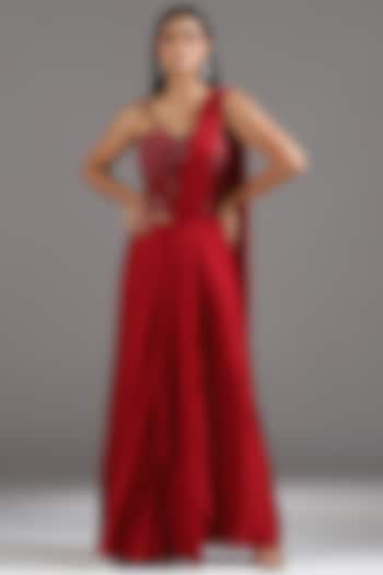 Red Georgette Satin Pre-Draped Wedding Saree Set by Two Sisters By Gyans at Pernia's Pop Up Shop