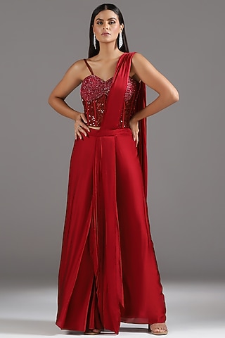 Red Georgette Satin Pre-Draped Saree Set by Two Sisters By Gyans