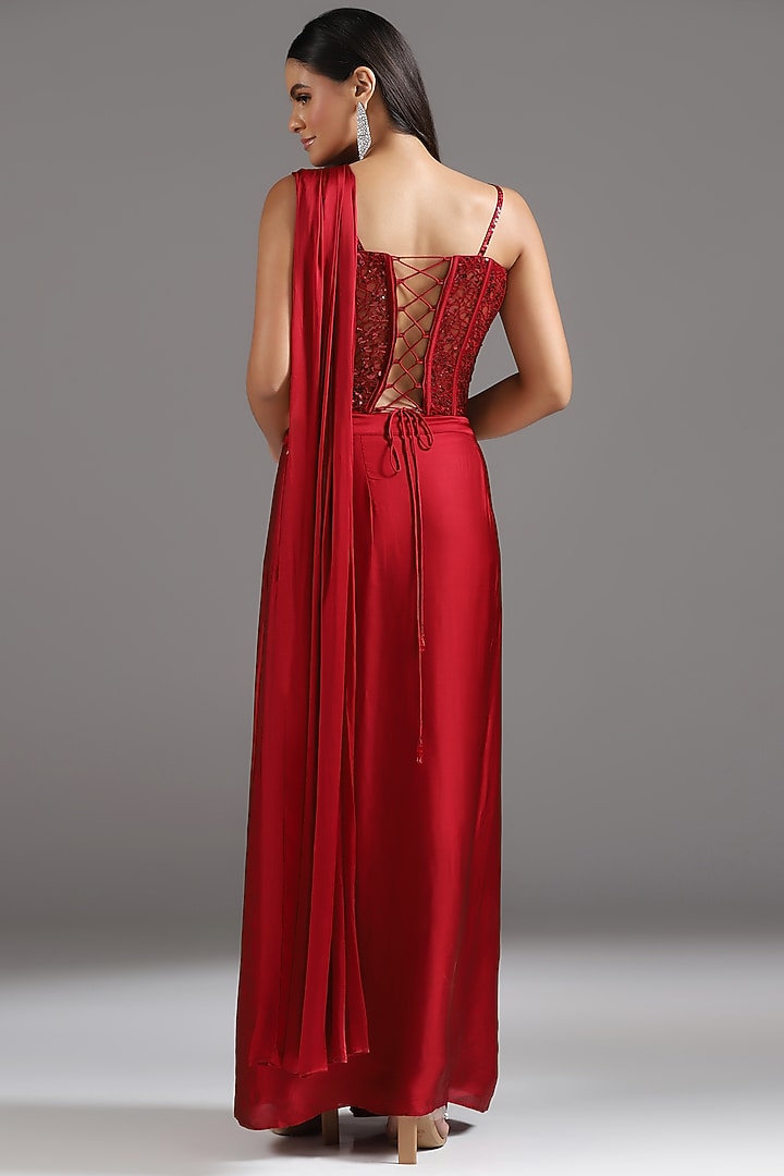 Red Georgette Satin Pre-Draped Wedding Saree Set by Two Sisters By Gyans at Pernia's Pop Up Shop