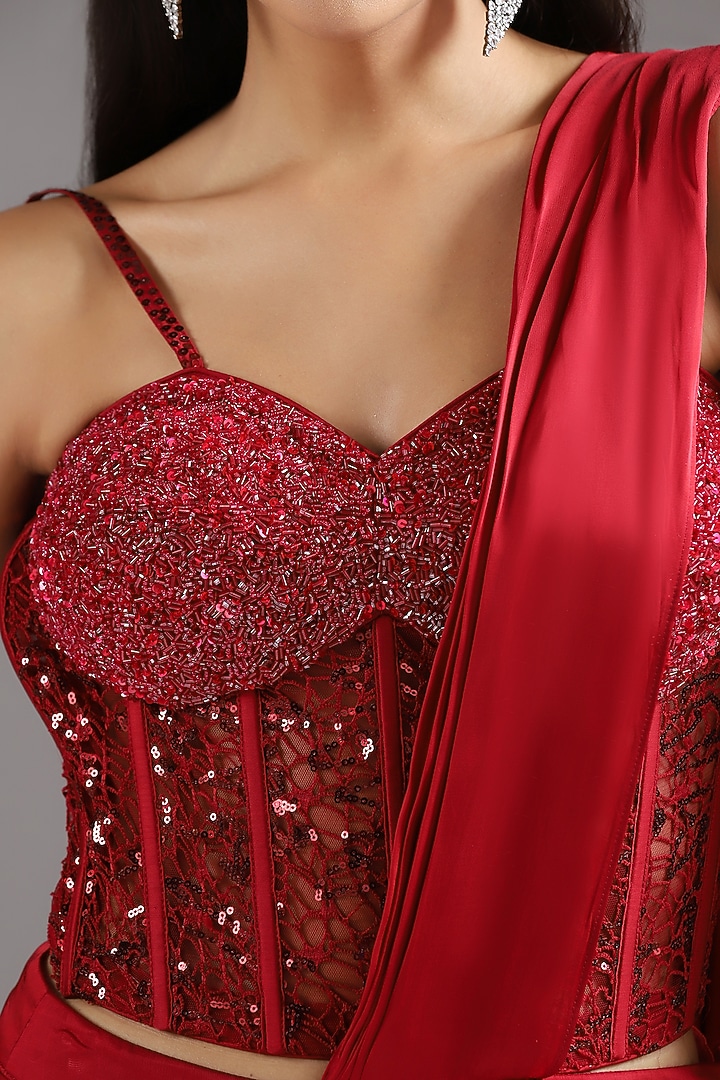 Red Georgette Satin Pre-Draped Wedding Saree Set by Two Sisters By Gyans at Pernia's Pop Up Shop