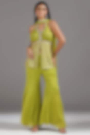 Green Chiffon Flared Bell-Bottom Pant Set by Two Sisters By Gyans at Pernia's Pop Up Shop