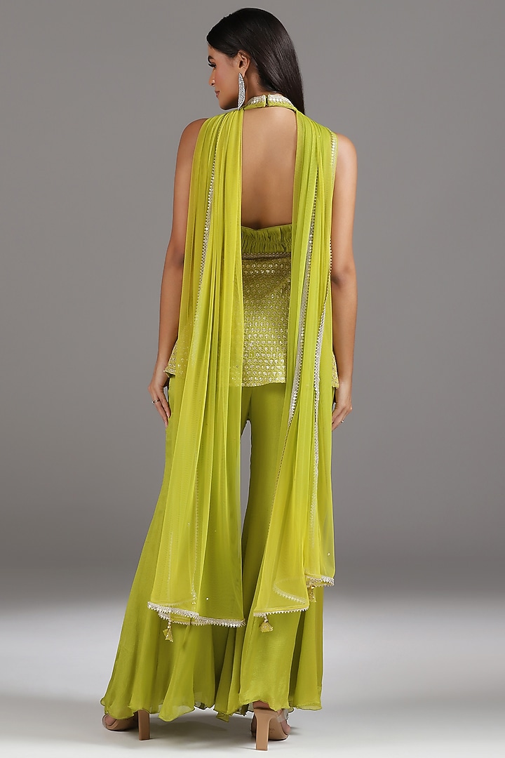 Green Chiffon Flared Bell-Bottom Pant Set by Two Sisters By Gyans at Pernia's Pop Up Shop
