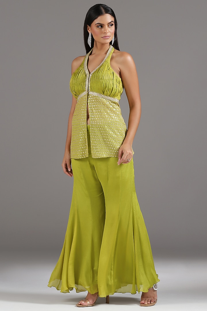 Green Chiffon Flared Bell-Bottom Pant Set by Two Sisters By Gyans at Pernia's Pop Up Shop