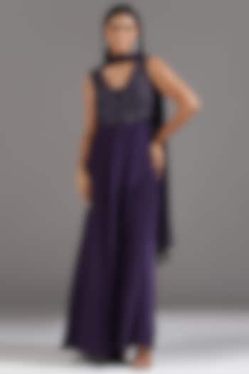 Deep Purple Crepe Cutdana Hand Embroidered Wedding Anarkali Set by Two Sisters By Gyans at Pernia's Pop Up Shop