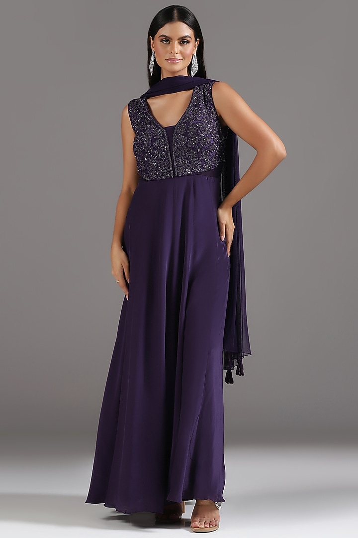 Deep Purple Crepe Cutdana Hand Embroidered Wedding Anarkali Set by Two Sisters By Gyans at Pernia's Pop Up Shop