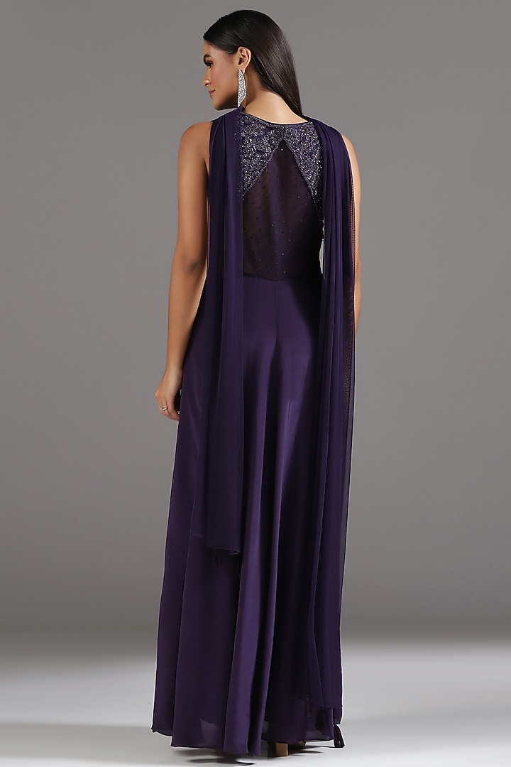 Deep Purple Crepe Cutdana Hand Embroidered Wedding Anarkali Set by Two Sisters By Gyans at Pernia's Pop Up Shop