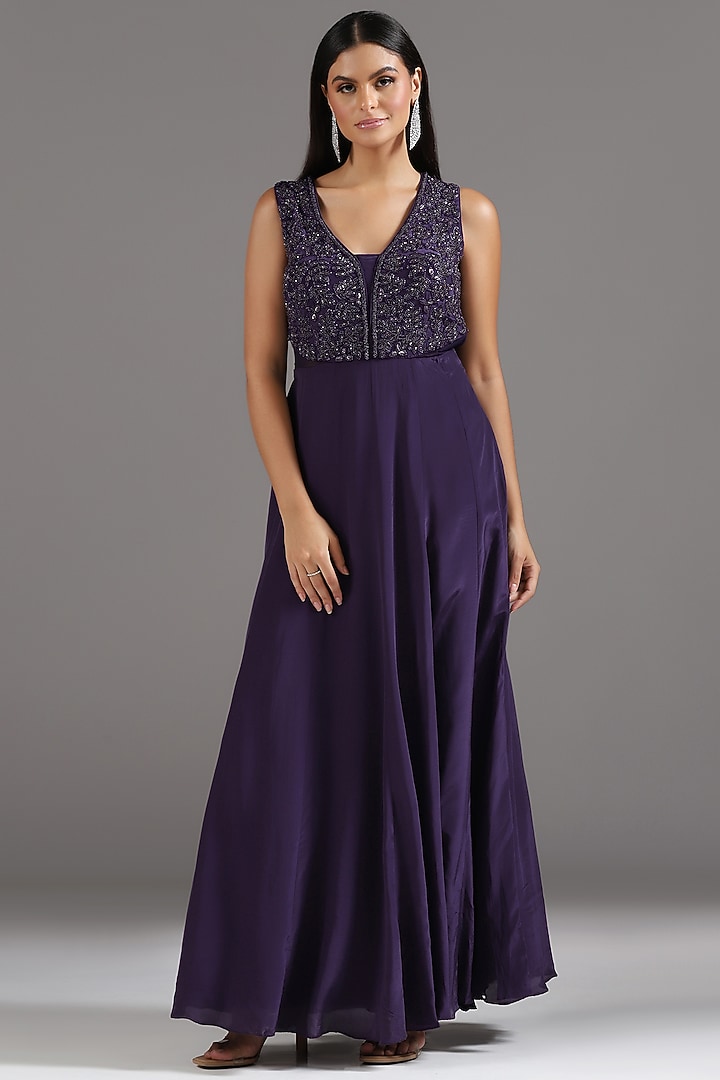 Deep Purple Crepe Cutdana Hand Embroidered Wedding Anarkali Set by Two Sisters By Gyans at Pernia's Pop Up Shop