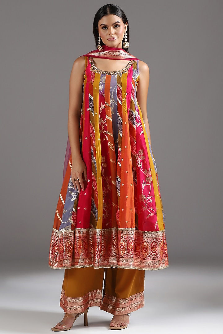 Multi-Colored Banarasi Zardosi Embroidered Kalidar Party Wear Anarkali Set by Two Sisters By Gyans at Pernia's Pop Up Shop