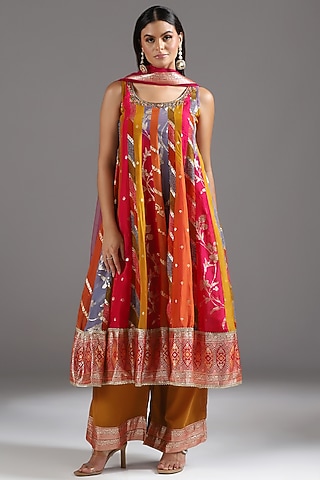 Multi-Colored Banarasi Zardosi Embroidered Kalidar Anarkali Set by Two Sisters By Gyans