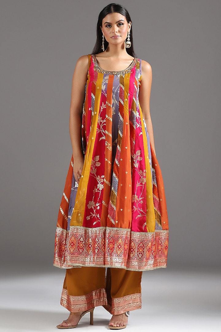 Multi-Colored Banarasi Zardosi Embroidered Kalidar Wedding Anarkali Set by Two Sisters By Gyans at Pernia's Pop Up Shop