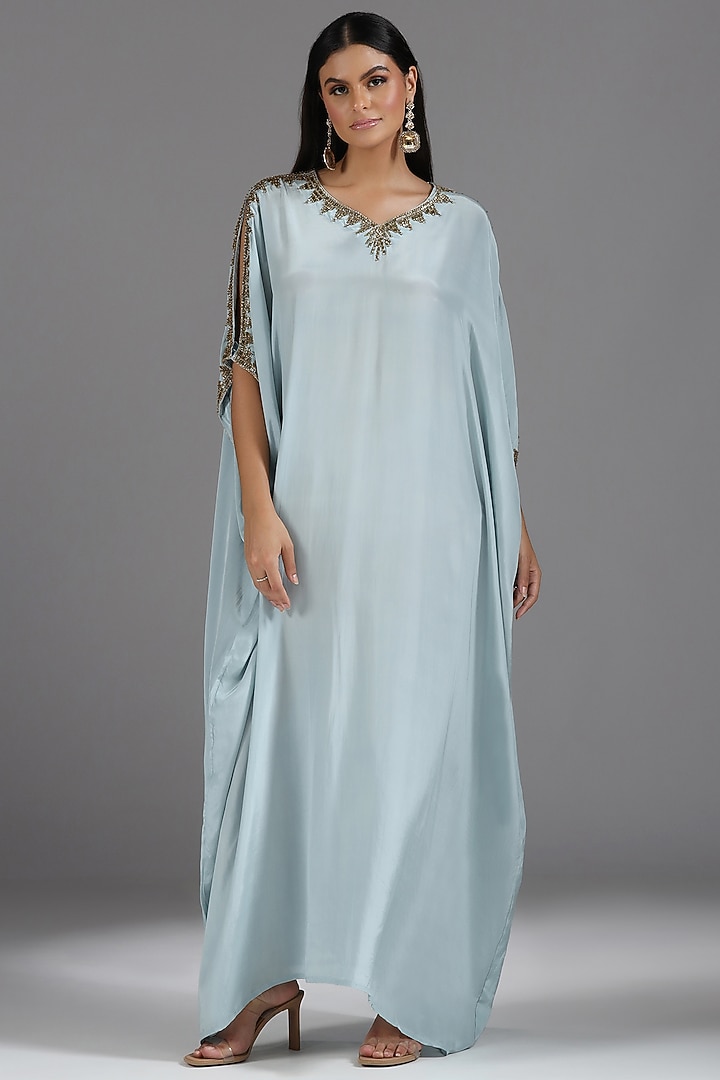Powder Blue Crepe Bead & Sequin Embroidered Kaftan by Two Sisters By Gyans at Pernia's Pop Up Shop