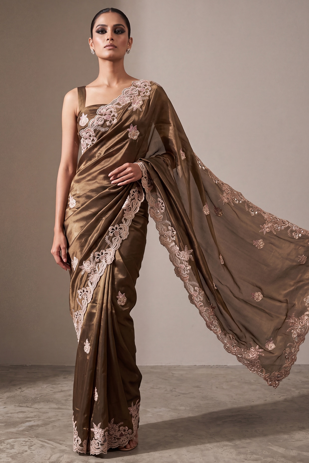 Two Sisters By Gyans Chocolate Brown Silk Organza Floral Cutwork Saree Set