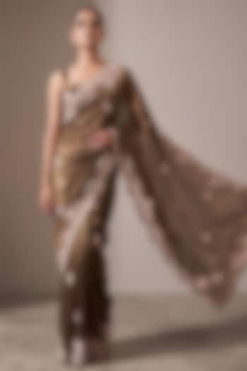Chocolate Brown Silk Organza Floral Cutwork Wedding Saree Set by Two Sisters By Gyans at Pernia's Pop Up Shop