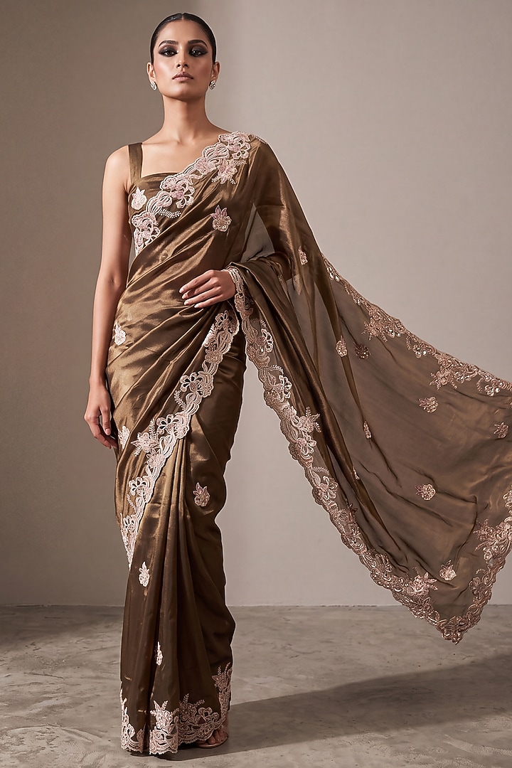 Chocolate Brown Silk Organza Floral Cutwork Wedding Saree Set by Two Sisters By Gyans at Pernia's Pop Up Shop