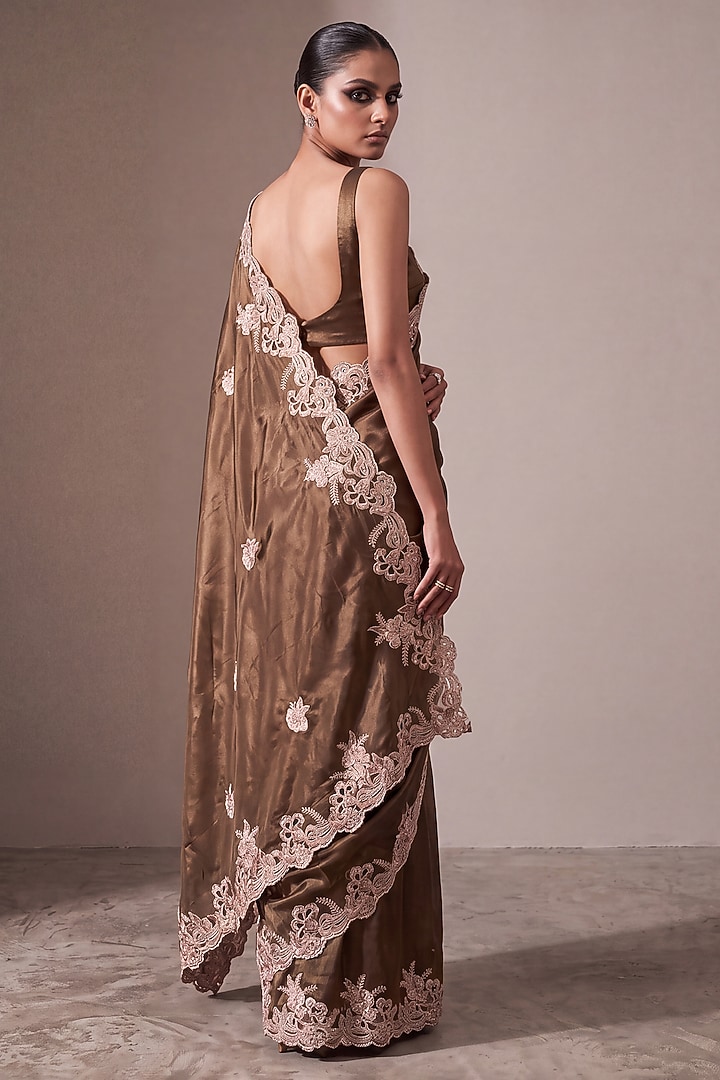 Chocolate Brown Silk Organza Floral Cutwork Wedding Saree Set by Two Sisters By Gyans at Pernia's Pop Up Shop
