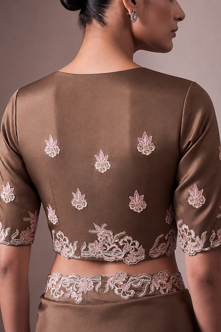 Chocolate Brown Silk Organza Floral Cutwork Wedding Saree Set by Two Sisters By Gyans at Pernia's Pop Up Shop