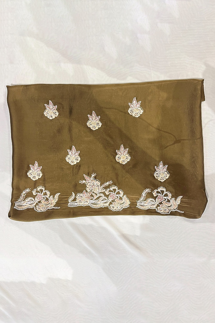 Chocolate Brown Silk Organza Floral Cutwork Wedding Saree Set by Two Sisters By Gyans at Pernia's Pop Up Shop