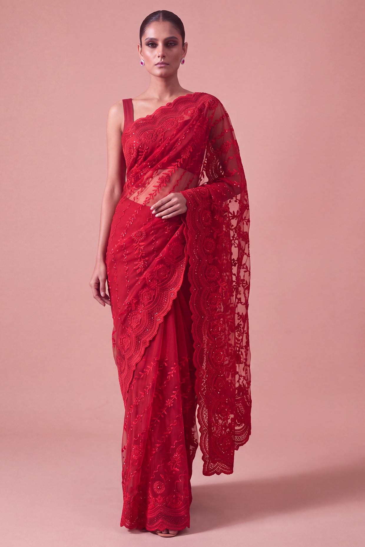 Two Sisters By Gyans Red Georgette Floral Thread Embroidered Saree Set