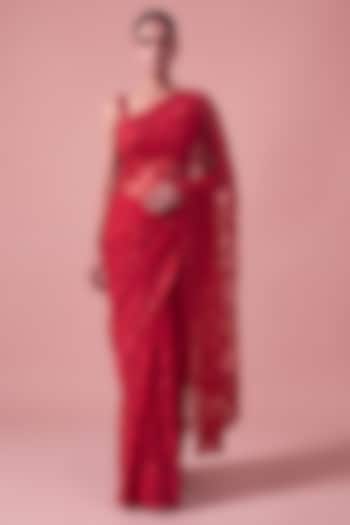 Red Georgette Floral Thread Embroidered Festive Saree Set by Two Sisters By Gyans at Pernia's Pop Up Shop