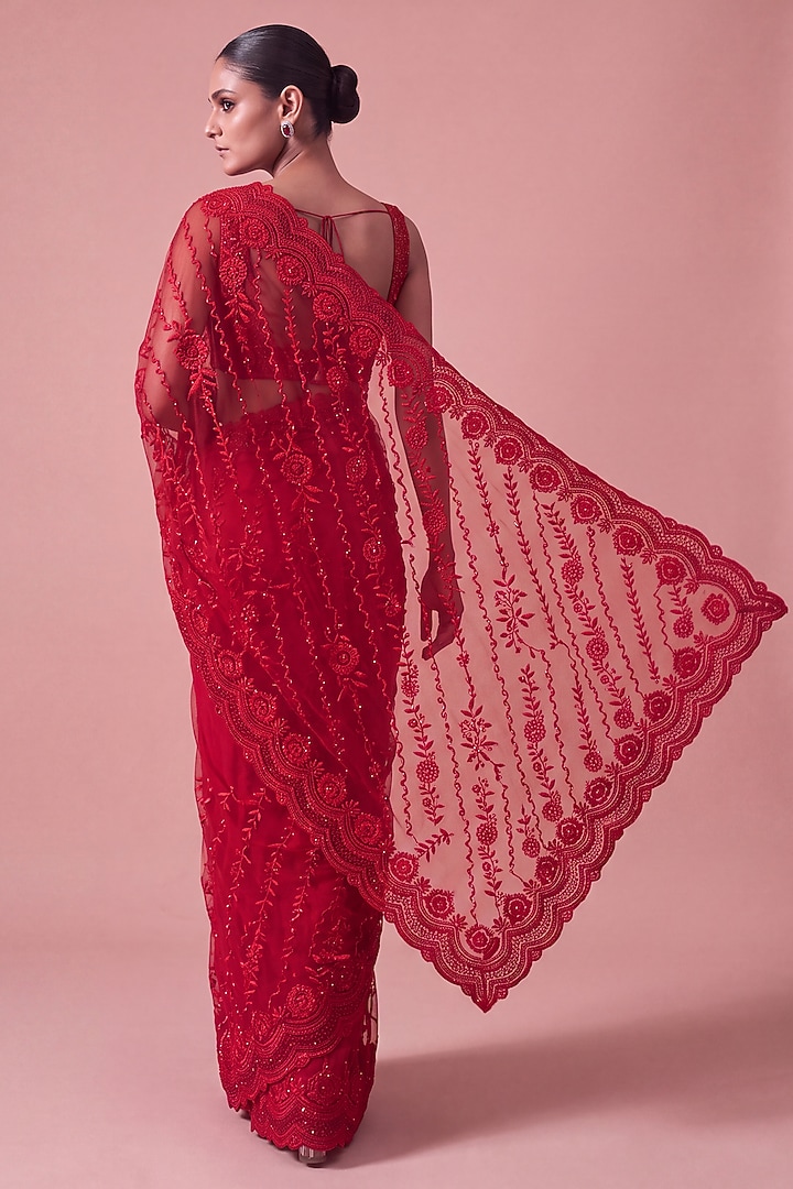 Red Georgette Floral Thread Embroidered Festive Saree Set by Two Sisters By Gyans at Pernia's Pop Up Shop