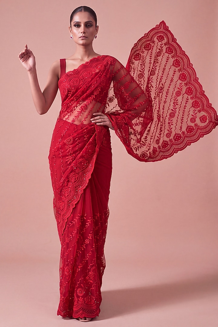 Red Georgette Floral Thread Embroidered Festive Saree Set by Two Sisters By Gyans at Pernia's Pop Up Shop