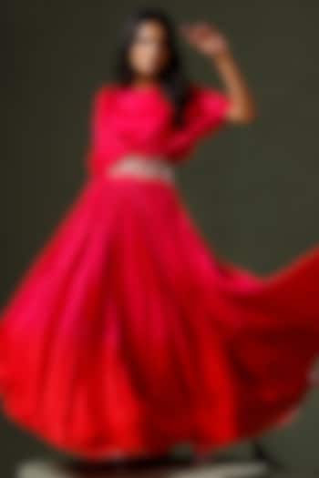 Pink & Red Ombre Chinon Hand Embellished Lehenga Set by Two Sisters By Gyans at Pernia's Pop Up Shop