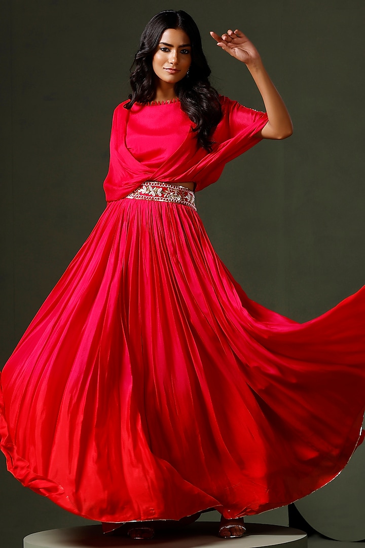 Pink & Red Ombre Chinon Hand Embellished Lehenga Set by Two Sisters By Gyans at Pernia's Pop Up Shop