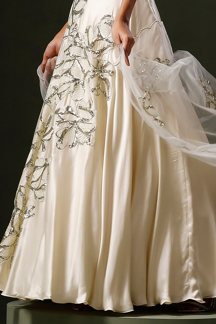 Ivory Satin Silk Hand Embroidered Wedding Lehenga Set by Two Sisters By Gyans at Pernia's Pop Up Shop