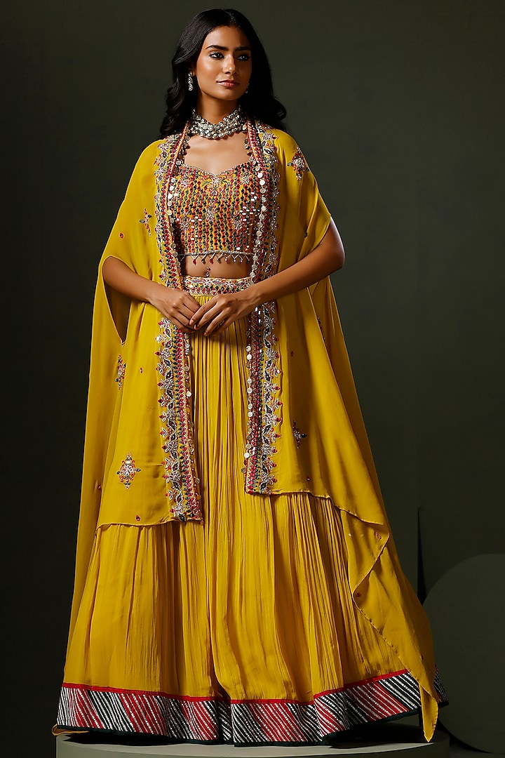 Yellow Georgette Hand Embellished Jacket Wedding Lehenga Set by Two Sisters By Gyans at Pernia's Pop Up Shop