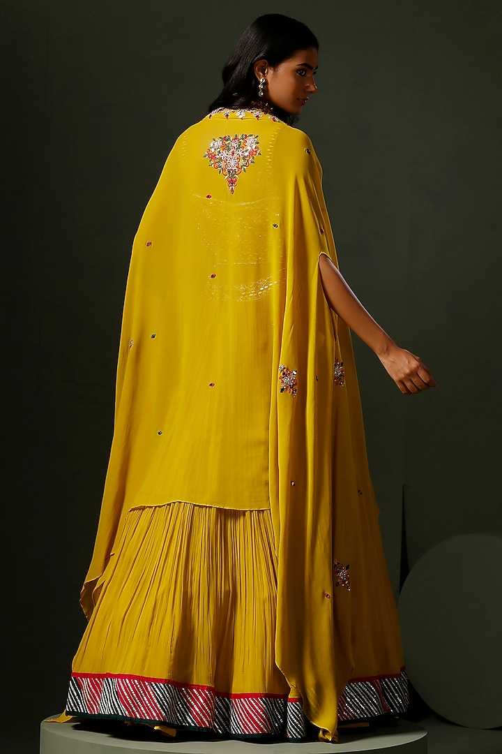 Yellow Georgette Hand Embellished Jacket Wedding Lehenga Set by Two Sisters By Gyans at Pernia's Pop Up Shop