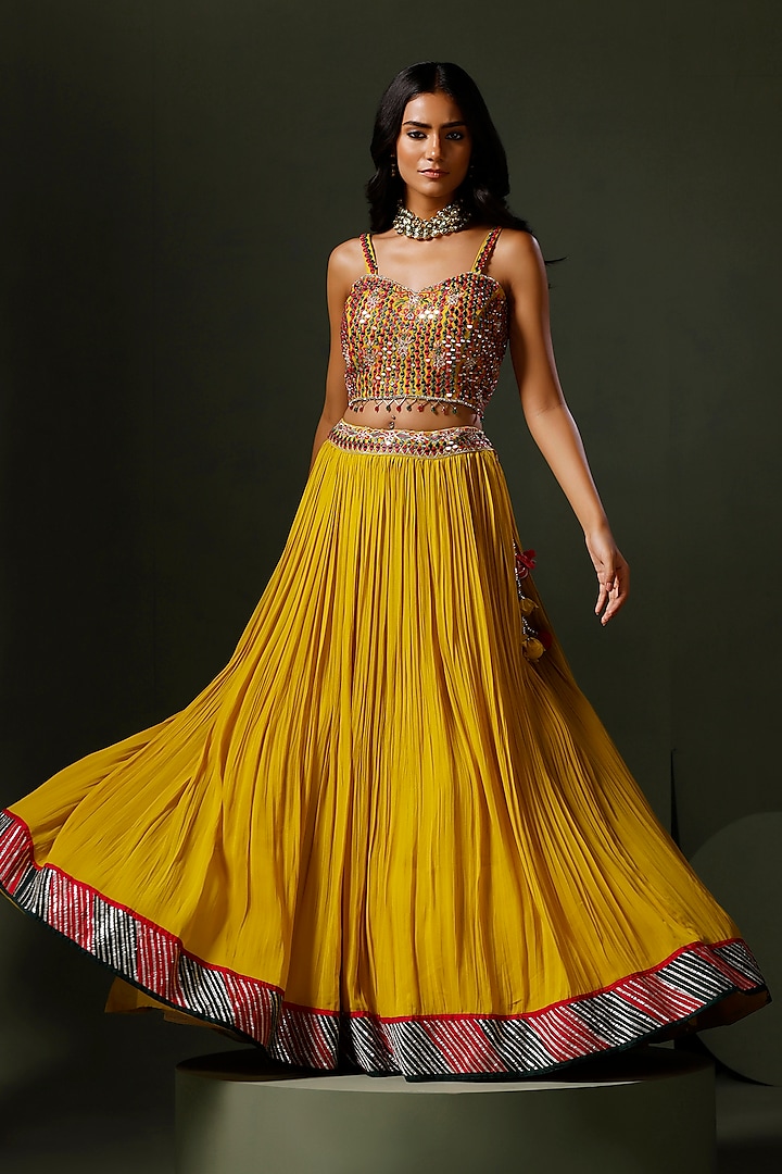 Yellow Georgette Hand Embellished Jacket Wedding Lehenga Set by Two Sisters By Gyans at Pernia's Pop Up Shop