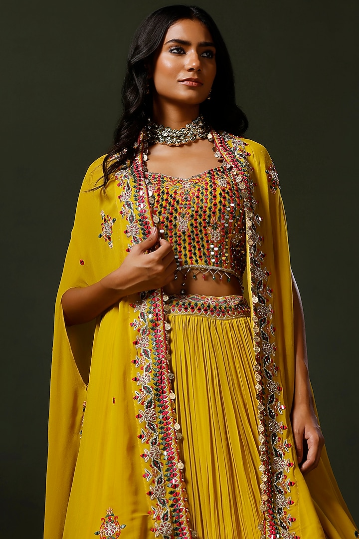 Yellow Georgette Hand Embellished Jacket Wedding Lehenga Set by Two Sisters By Gyans at Pernia's Pop Up Shop