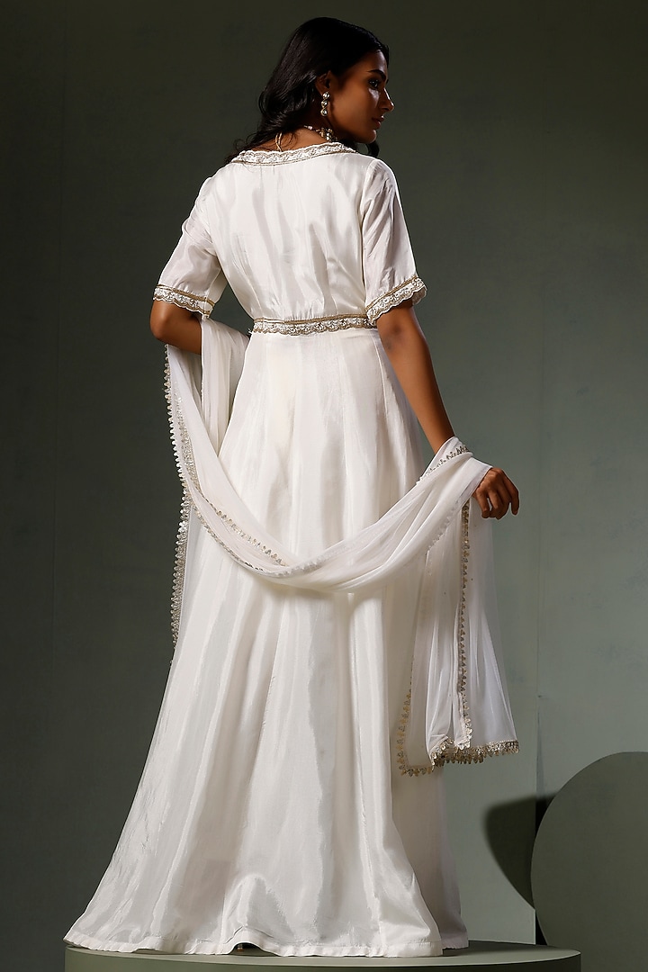 Ivory Net Hand Embroidered Wedding Anarkali Set by Two Sisters By Gyans at Pernia's Pop Up Shop