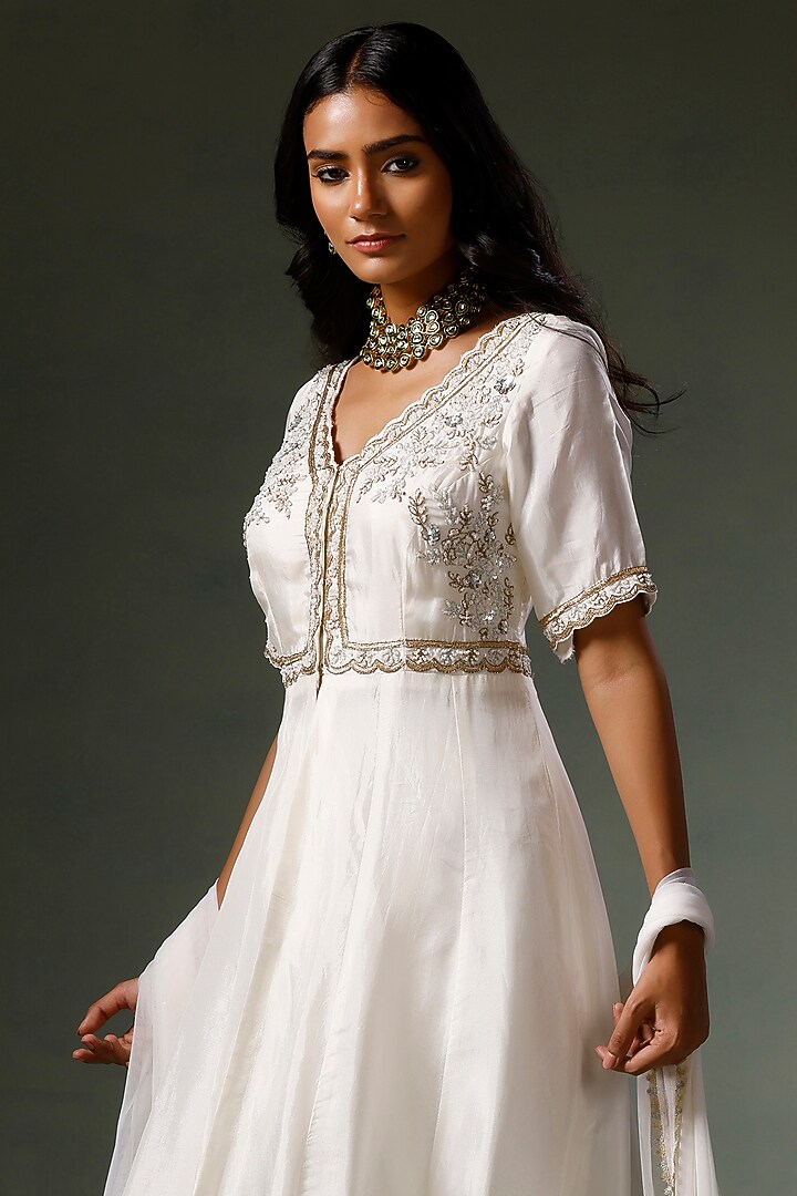 Ivory Net Hand Embroidered Wedding Anarkali Set by Two Sisters By Gyans at Pernia's Pop Up Shop