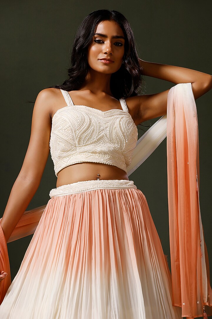 White & Peach Ombre Net Embroidered Wedding Lehenga Set by Two Sisters By Gyans at Pernia's Pop Up Shop