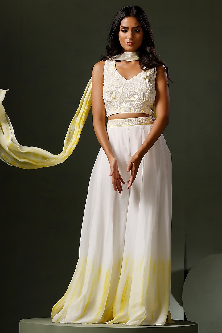 White & Yellow Georgette Tie-Dyed Party Wear Sharara Set by Two Sisters By Gyans at Pernia's Pop Up Shop