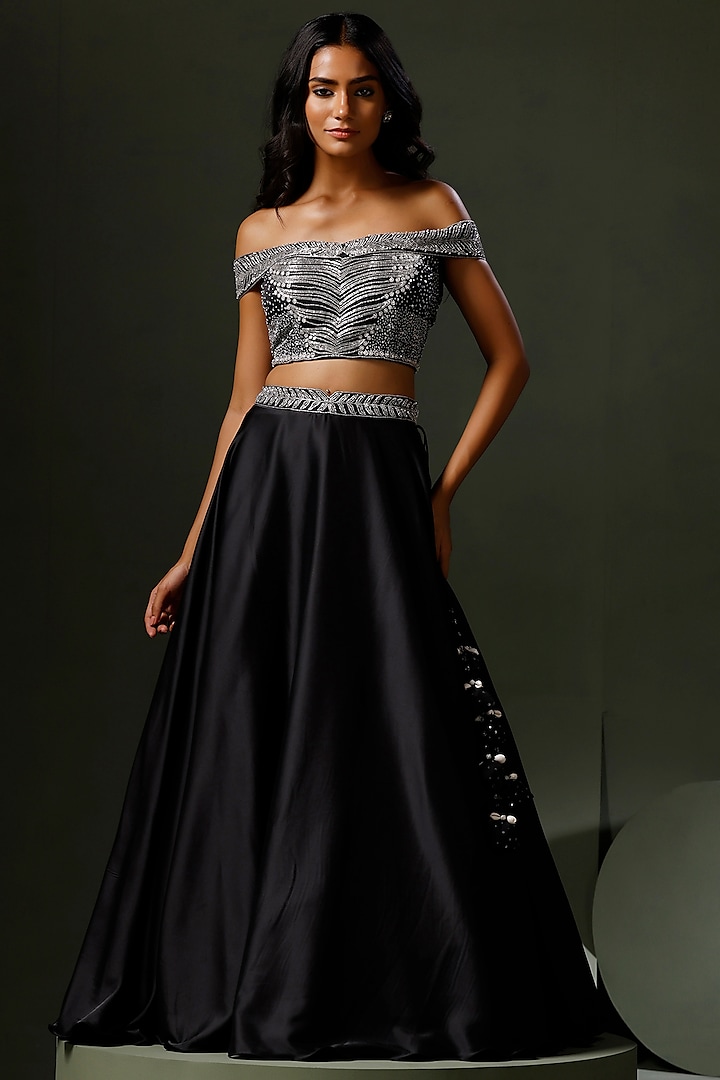 Black Satin Silk Hand Embellished Wedding Lehenga Set by Two Sisters By Gyans at Pernia's Pop Up Shop