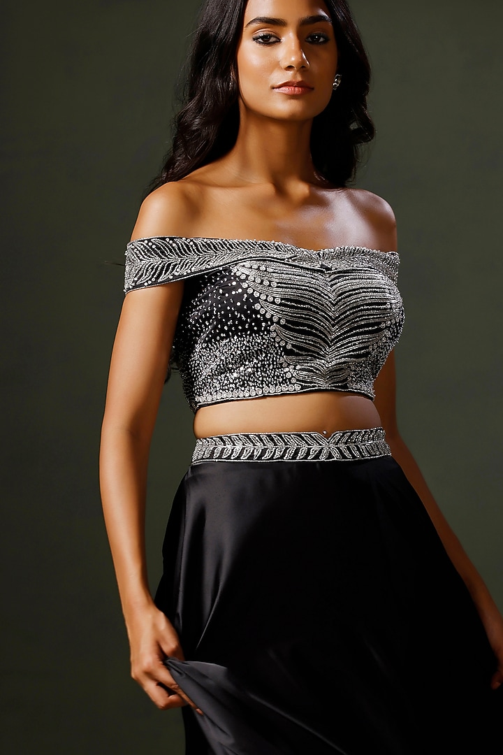 Black Satin Silk Hand Embellished Wedding Lehenga Set by Two Sisters By Gyans at Pernia's Pop Up Shop