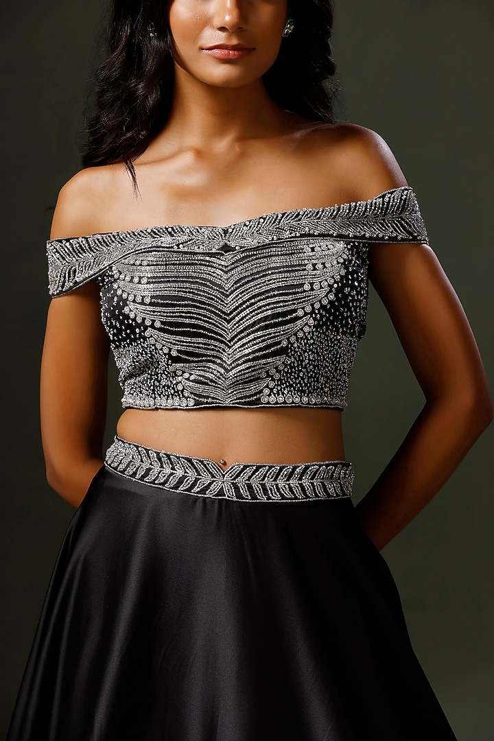 Black Satin Silk Hand Embellished Wedding Lehenga Set by Two Sisters By Gyans at Pernia's Pop Up Shop