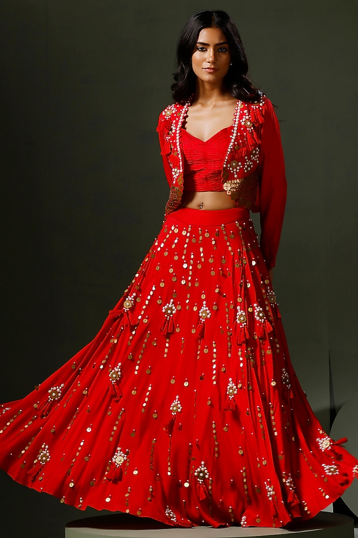 Red Raw Silk Hand Embellished Jacket Wedding Lehenga Set by Two Sisters By Gyans at Pernia's Pop Up Shop