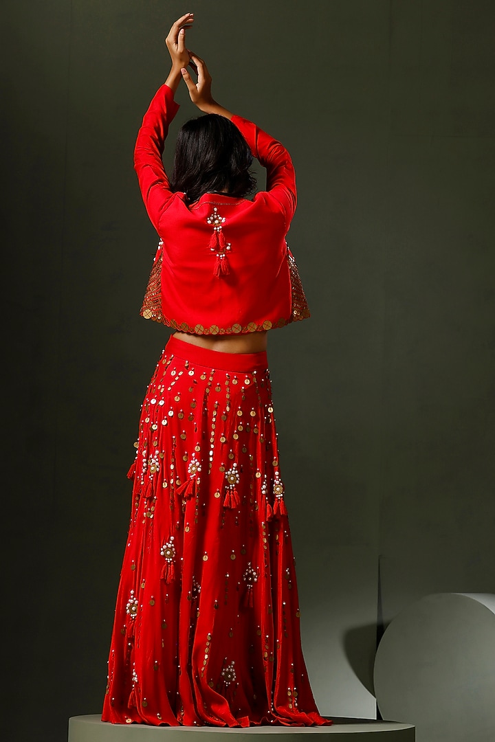 Red Raw Silk Hand Embellished Jacket Wedding Lehenga Set by Two Sisters By Gyans at Pernia's Pop Up Shop