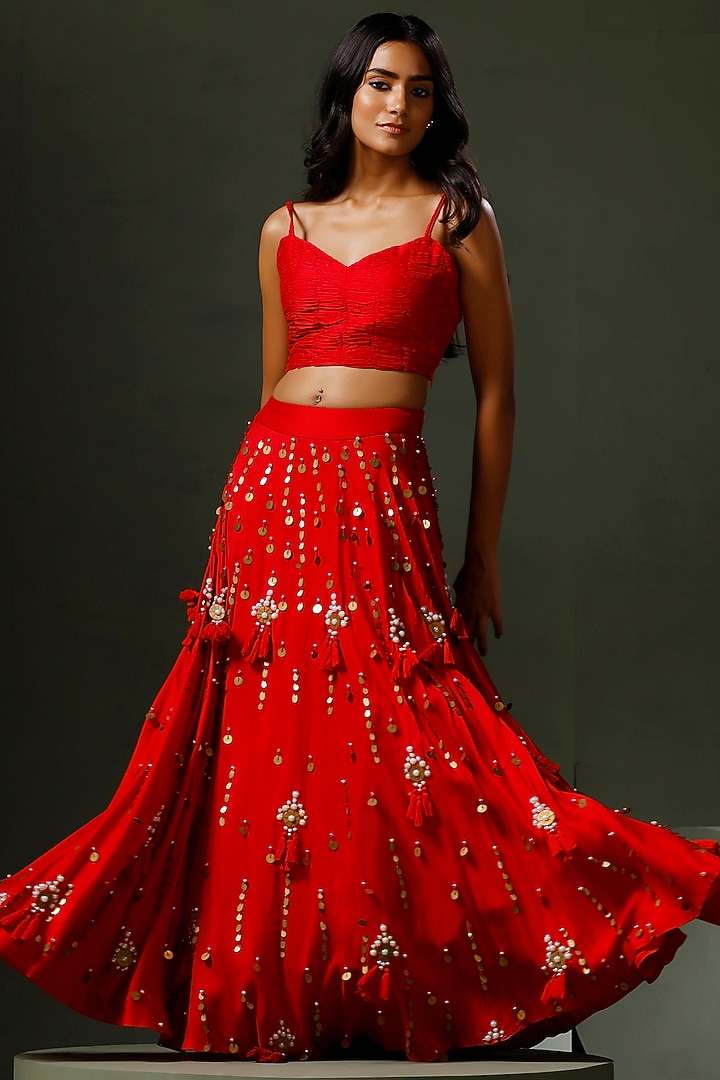 Red Raw Silk Hand Embellished Jacket Wedding Lehenga Set by Two Sisters By Gyans at Pernia's Pop Up Shop