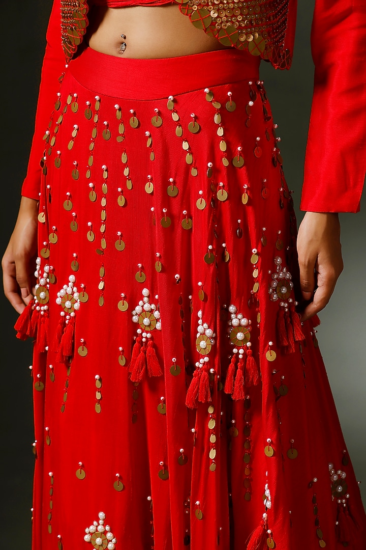 Red Raw Silk Hand Embellished Jacket Wedding Lehenga Set by Two Sisters By Gyans at Pernia's Pop Up Shop