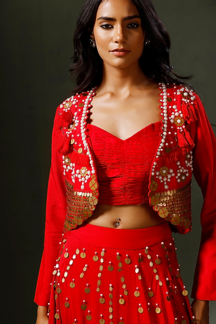 Red Raw Silk Hand Embellished Jacket Wedding Lehenga Set by Two Sisters By Gyans at Pernia's Pop Up Shop