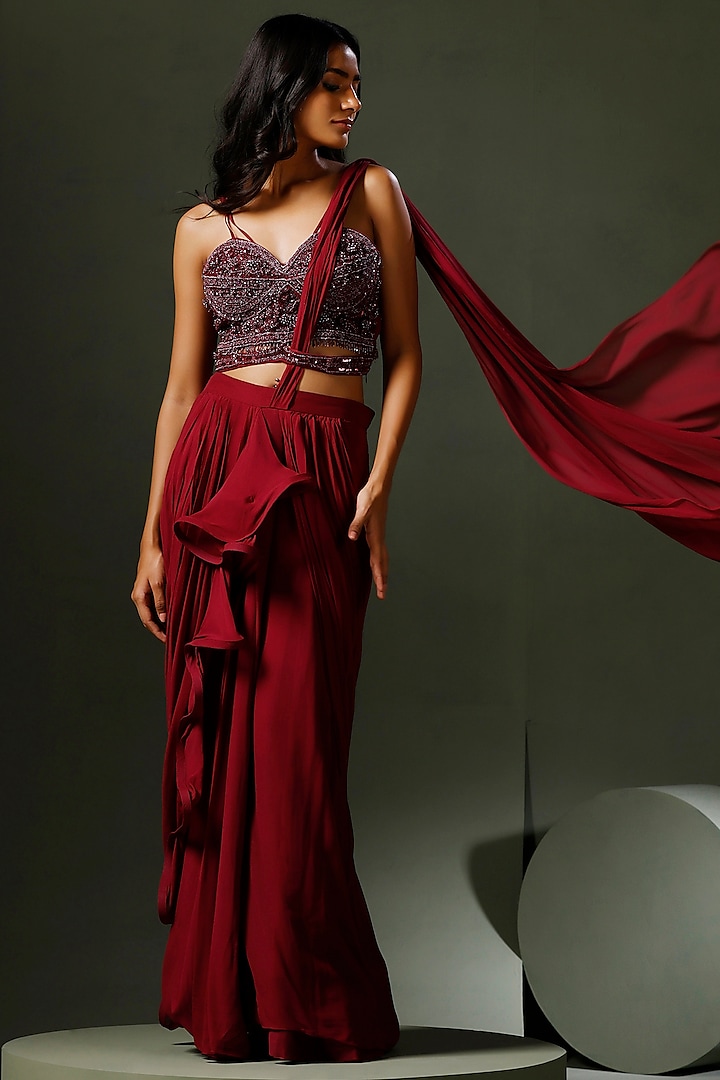 Wine Georgette Pre-Draped Ruffled Saree Set by Two Sisters By Gyans at Pernia's Pop Up Shop