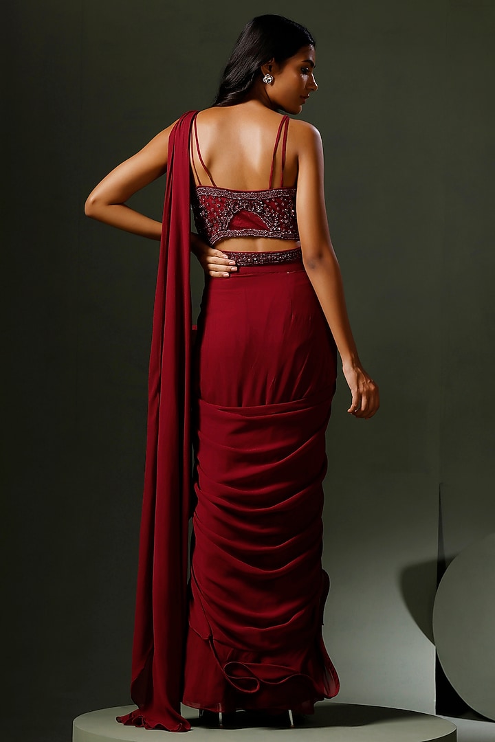 Wine Georgette Pre-Draped Ruffled Wedding Saree Set by Two Sisters By Gyans at Pernia's Pop Up Shop